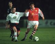 20 November 1998; Martin Russell of St Patrick's Athletic in action against Eamonn Doherty of Derry City during the Harp Lager National League Premier Division match between St Patrick's Athletic v Derry City at Richmond Park in Dublin. Photo by David Maher/Sportsfile