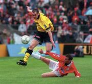 4 May 1997; Sean Hargan of Derry City evades the tackle of Shelbourne's Declan Geoghegan during the FAI Cup Final match between Derry City and Shelbourne at Dalymount Park in Dublin. Photo by Brendan Moran/Sportsfile