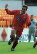 27 August 1995; Stephen Geoghegan of Shelbourne celebrates after scoring his side's first goal during the Bord Gáis National League Premier Division match between Shelbourne and Derry City at Tolka Park in Dublin. Photo by David Maher/Sportsfile