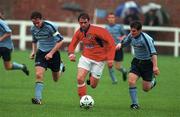 6 September 1998; Tony Sheridan of Shelbourne in action against Aidan Lynch, left, and Ciaran Kavanagh of UCD during the Harp Lager National League Premier Division match between UCD and Shelbourne at Belfield Park in Dublin. Photo by Matt Browne/Sportsfile