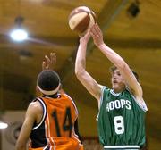 30 January 2004; Scott Kinevane, Shamrock Rovers, in action against Isaac Westbrooks, Dart Killester. National Basketball Cup 2004, Junior Men's Semi-Final, Dart Killester v Shamrock Rovers, The ESB Arena, Tallaght, Dublin. Picture credit; Brendan Moran / SPORTSFILE *EDI*