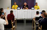 10 July 2013; Drogheda United manager Mick Cooke with Derek Prendergast, left, and Declan O'Brien, right, during a press conference ahead of their UEFA Europa League, First Qualifying Round, Second Leg, against Malmö FF on Thursday. Drogheda United Press Conference, Swedbank Stadion, Malmö, Sweden. Picture credit: Emil Malmborg / SPORTSFILE