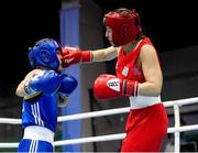 26 February 2021; Angelina Lukas of Kazakhstan, right, and Lacramioara Perijoc of Romania during their women's flyweight 51kg semi-final bout at the AIBA Strandja Memorial Boxing Tournament in Sofia, Bulgaria. Photo by Alex Nicodim/Sportsfile