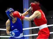 26 February 2021; Angelina Lukas of Kazakhstan, right, and Lacramioara Perijoc of Romania during their women's flyweight 51kg semi-final bout at the AIBA Strandja Memorial Boxing Tournament in Sofia, Bulgaria. Photo by Alex Nicodim/Sportsfile