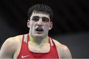 26 February 2021; Narek Manasyan of Armenia celebrates his victory over Artyom Yordanyan of Georgia following their Men's Heavyweight 91kg semi-final bout at the AIBA Strandja Memorial Boxing Tournament in Sofia, Bulgaria. Photo by Alex Nicodim/Sportsfile