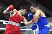 26 February 2021; Narek Manasyan of Armenia, left, and Artyom Yordanyan of Georgia during their Men's Heavyweight 91kg semi-final bout at the AIBA Strandja Memorial Boxing Tournament in Sofia, Bulgaria. Photo by Alex Nicodim/Sportsfile