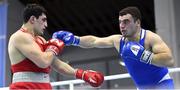 26 February 2021; Narek Manasyan of Armenia, left, and Artyom Yordanyan of Georgia during their Men's Heavyweight 91kg semi-final bout at the AIBA Strandja Memorial Boxing Tournament in Sofia, Bulgaria. Photo by Alex Nicodim/Sportsfile