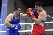 26 February 2021; Narek Manasyan of Armenia, right, and Artyom Yordanyan of Georgia during their Men's Heavyweight 91kg semi-final bout at the AIBA Strandja Memorial Boxing Tournament in Sofia, Bulgaria. Photo by Alex Nicodim/Sportsfile