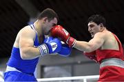 26 February 2021; Narek Manasyan of Armenia, right, and Artyom Yordanyan of Georgia during their Men's Heavyweight 91kg semi-final bout at the AIBA Strandja Memorial Boxing Tournament in Sofia, Bulgaria. Photo by Alex Nicodim/Sportsfile