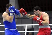 26 February 2021; Narek Manasyan of Armenia, right, and Artyom Yordanyan of Georgia during their Men's Heavyweight 91kg semi-final bout at the AIBA Strandja Memorial Boxing Tournament in Sofia, Bulgaria. Photo by Alex Nicodim/Sportsfile