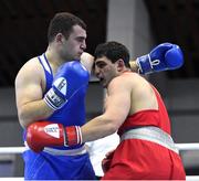 26 February 2021; Narek Manasyan of Armenia, right, and Artyom Yordanyan of Georgia during their Men's Heavyweight 91kg semi-final bout at the AIBA Strandja Memorial Boxing Tournament in Sofia, Bulgaria. Photo by Alex Nicodim/Sportsfile