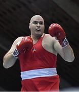 26 February 2021; Gurgen Hovhannisyan of Armenia during the Men's Super Heavyweight +91kg semi-final bout against Bokhodir Jalolov of Uzbekistan at the AIBA Strandja Memorial Boxing Tournament in Sofia, Bulgaria. Photo by Alex Nicodim/Sportsfile