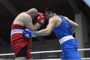 26 February 2021; Bokhodir Jalolov of Uzbekistan, right, and Gurgen Hovhannisyan of Armenia during their Men's Super Heavyweight +91kg semi-final bout at the AIBA Strandja Memorial Boxing Tournament in Sofia, Bulgaria. Photo by Alex Nicodim/Sportsfile