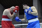 26 February 2021; Bokhodir Jalolov of Uzbekistan, right, and Gurgen Hovhannisyan of Armenia during their Men's Super Heavyweight +91kg semi-final bout at the AIBA Strandja Memorial Boxing Tournament in Sofia, Bulgaria. Photo by Alex Nicodim/Sportsfile