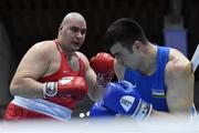 26 February 2021; Gurgen Hovhannisyan of Armenia, left, and Bokhodir Jalolov of Uzbekistan during their Men's Super Heavyweight +91kg semi-final bout at the AIBA Strandja Memorial Boxing Tournament in Sofia, Bulgaria. Photo by Alex Nicodim/Sportsfile