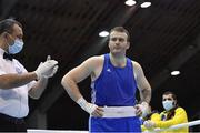 26 February 2021; Tsotne Rogava of Ukraine is declared victorious as Petar Belberov of Bulgaria got injured after 10 seconds of the fight following their men's Super heavyweight +91kg semi-final bout at the AIBA Strandja Memorial Boxing Tournament in Sofia, Bulgaria. Photo by Alex Nicodim/Sportsfile