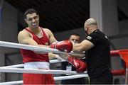 26 February 2021; Petar Belberov of Bulgaria receives treatment from his corner after picking up an injury after 10 seconds of the men's Super heavyweight +91kg semi-final bout at the AIBA Strandja Memorial Boxing Tournament in Sofia, Bulgaria. Photo by Alex Nicodim/Sportsfile