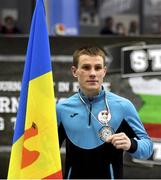 27 February 2021; Dorin Busca of Moldova with his men's featherweight 57kg silver medal at the AIBA Strandja Memorial Boxing Tournament in Sofia, Bulgaria. Photo by Alex Nicodim/Sportsfile