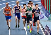 5 March 2021; Mark English of Ireland, centre, and Pierre-Ambroise Bosse of France lead the field in the Men's 800m qualifying round during the second session on day one of the European Indoor Athletics Championships at Arena Torun in Torun, Poland. Photo by Sam Barnes/Sportsfile