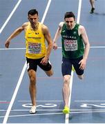 5 March 2021; Mark English of Ireland beats Abedin Mujezinovic Bosnia-Herzegovina to finish third and qualify for the semi-final of the Men's 800m during the second session on day one of the European Indoor Athletics Championships at Arena Torun in Torun, Poland. Photo by Sam Barnes/Sportsfile