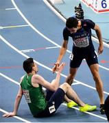 5 March 2021; Mark English of Ireland and Pierre-Ambroise Bosse of France after their heat of the Men's 800m during the second session on day one of the European Indoor Athletics Championships at Arena Torun in Torun, Poland. Photo by Sam Barnes/Sportsfile