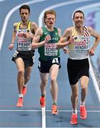 7 March 2021; Séan Tobin of Ireland competes alongside Marcel Fehr of Germany and Robin Hendrix of Belgium in the Men's 3000m Final during the second session on day three of the European Indoor Athletics Championships at Arena Torun in Torun, Poland. Photo by Sam Barnes/Sportsfile