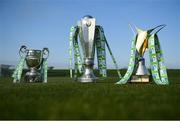 10 March 2021; The SSE Airtricity League First Division, Premier Division and SSE Airtricity Women's National League trophies during the launch of the 2021 SSE Airtricity Premier & First Division and Women's National League at the FAI National Training Centre in Abbotstown, Dublin. In January SSE Airtricity announced their renewed support for the SSE Airtricity Premier and First Division and also their new commitment to the SSE Airtricity Women’s National League. This season's leagues launch sees the introduction of SSE Airtricity's ‘game of two halves’ campaign. “When you look at both the men’s and women’s leagues, you’ll see some differences, yet there is one place you will find absolute parity: the ‘commitment of the players’. No matter the League the players train and play just as hard, just as passionately. And at SSE Airtricity, we sponsor it whole.” Photo by Stephen McCarthy/Sportsfile