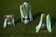 10 March 2021; The SSE Airtricity League First Division, Premier Division and SSE Airtricity Women's National League trophies during launch of the 2021 SSE Airtricity Premier & First Division and Women's National League at the FAI National Training Centre in Abbotstown, Dublin. In January SSE Airtricity announced their renewed support for the SSE Airtricity Premier and First Division and also their new commitment to the SSE Airtricity Women’s National League. This season's leagues launch sees the introduction of SSE Airtricity's ‘game of two halves’ campaign. “When you look at both the men’s and women’s leagues, you’ll see some differences, yet there is one place you will find absolute parity: the ‘commitment of the players’. No matter the League the players train and play just as hard, just as passionately. And at SSE Airtricity, we sponsor it whole.” Photo by Stephen McCarthy/Sportsfile