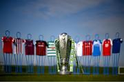 10 March 2021; The SSE Airtricity League Premier Division trophy and jersey's from the participating clubs during the launch of the 2021 SSE Airtricity Premier & First Division and Women's National League at the FAI National Training Centre in Abbotstown, Dublin. In January SSE Airtricity announced their renewed support for the SSE Airtricity Premier and First Division and also their new commitment to the SSE Airtricity Women’s National League. This season's leagues launch sees the introduction of SSE Airtricity's ‘game of two halves’ campaign. “When you look at both the men’s and women’s leagues, you’ll see some differences, yet there is one place you will find absolute parity: the ‘commitment of the players’. No matter the League the players train and play just as hard, just as passionately. And at SSE Airtricity, we sponsor it whole.” Photo by Stephen McCarthy/Sportsfile