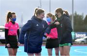 14 March 2021; Team captains Hollie Pearne-Webb of Great Britain, left, and Katie Mullan of Ireland prior to the SoftCo Series International Hockey match between Ireland and Great Britain at Queens University Sports Grounds in Belfast. Photo by Ramsey Cardy/Sportsfile