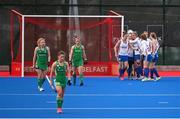 14 March 2021; Great Britain players celebrate their first goal, scored by Laura Unsworth, during the SoftCo Series International Hockey match between Ireland and Great Britain at Queens University Sports Grounds in Belfast. Photo by Ramsey Cardy/Sportsfile