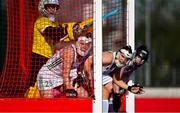 16 March 2021; Ireland goalkeeper Ayeisha McFerran, and team-mates, from left, Hannah Matthews, Katie Mullan and Roisin Upton prepare to defend a penalty corner during the SoftCo Series International Hockey match between Ireland and Great Britain at Queens University Sports Grounds in Belfast. Photo by Ramsey Cardy/Sportsfile