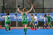 14 March 2021; Chloe Watkins of Ireland celebrates after scoring her side's first goal during the SoftCo Series International Hockey match between Ireland and Great Britain at Queens University Sports Grounds in Belfast. Photo by Ramsey Cardy/Sportsfile