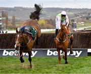 17 March 2021; Monkfish, with Paul Townend up, land after the last, alongside Eklat De Rire who had unseated Rachael Blackmore, on their way to winning The Brown Advisory Novices' Steeple Chase on day 2 of the Cheltenham Racing Festival at Prestbury Park in Cheltenham, England. Photo by Hugh Routledge/Sportsfile