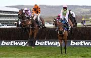 17 March 2021; Chacun Pour Soi, right, with Paul Townend up, leads the eventual winner Put The Kettle On, with Aidan Coleman up, and Greaneteen, with Harry Condon up, left, over the last during The Betway Queen Mother Champion Steeple Chase on day 2 of the Cheltenham Racing Festival at Prestbury Park in Cheltenham, England. Photo by Hugh Routledge/Sportsfile