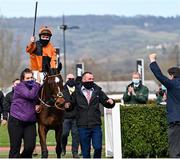 17 March 2021; Trainer Henry De Bromhea, right, handlers and jockey Aidan Coleman after Put The Kettle On won The Betway Queen Mother Champion Steeple Chase on day 2 of the Cheltenham Racing Festival at Prestbury Park in Cheltenham, England. Photo by Hugh Routledge/Sportsfile