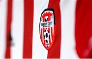 7 March 2021; A detailed view of the Derry City jersey and crest ahead of the start of the 2021 SSE Airtricity League Premier Division season at the FAI National Training Centre in Abbotstown, Dublin. Photo by Stephen McCarthy/Sportsfile