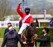 19 March 2021; Quilixios and jockey Rachael Blackmore are led into the 'Winners Enclosure' after winning The JCB Triumph Hurdle on day 4 of the Cheltenham Racing Festival at Prestbury Park in Cheltenham, England. Photo by Hugh Routledge/Sportsfile