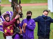 19 March 2021; Winning trainer Henry De Bromhead, right, jockey Jack Kennedy, left, and Minella Indo celebrate in the 'Winners Enclosure' after The WellChild Cheltenham Gold Cup Steeple Chase on day 4 of the Cheltenham Racing Festival at Prestbury Park in Cheltenham, England. Photo by Hugh Routledge/Sportsfile