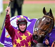 19 March 2021; Winning jockey Jack Kennedy and Minella Indo celebrate in the 'Winners Enclosure' after The WellChild Cheltenham Gold Cup Steeple Chase on day 4 of the Cheltenham Racing Festival at Prestbury Park in Cheltenham, England. Photo by Hugh Routledge/Sportsfile