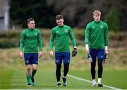 23 March 2021; Lee O'Connor, left, Brian Maher, centre, and Joe O’Shaughnessey during a Republic of Ireland U21's training session at Colliers Park in Wrexham, Wales. Photo by David Rawcliffe/Sportsfile