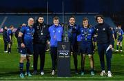 27 March 2021; Leinster back rows, from left, Rhys Ruddock, Josh Murphy, Sean O'Brien, Jack Conan, Josh van der Flier and Alex Soroka, with the PRO14 trophy following their victory in the Guinness PRO14 Final match between Leinster and Munster at the RDS Arena in Dublin. Photo by Ramsey Cardy/Sportsfile