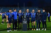 27 March 2021; Leinster players, from left, Hugo Keenan, Max O'Reilly, Jordan Larmour, James Lowe, Dave Kearney, Cian Kelleher and Andrew Smith with the PRO14 trophy following their victory in the Guinness PRO14 Final match between Leinster and Munster at the RDS Arena in Dublin. Photo by Ramsey Cardy/Sportsfile