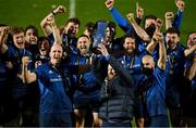 27 March 2021; Leinster players, from left, Devin Toner, Michael Bent and Scott Fardy lift the PRO14 trophy alonfside their teammates after the Guinness PRO14 Final match between Leinster and Munster at the RDS Arena in Dublin. Photo by Brendan Moran/Sportsfile