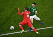 27 March 2021; Vincent Thill of Luxembourg in action against Josh Cullen of Republic of Ireland during the FIFA World Cup 2022 qualifying group A match between Republic of Ireland and Luxembourg at the Aviva Stadium in Dublin. Photo by Piaras Ó Mídheach/Sportsfile