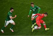 27 March 2021; Vincent Thill of Luxembourg in action against Enda Stevens, left, and Callum Robinson of Republic of Ireland during the FIFA World Cup 2022 qualifying group A match between Republic of Ireland and Luxembourg at the Aviva Stadium in Dublin. Photo by Piaras Ó Mídheach/Sportsfile