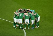 27 March 2021; Republic of Ireland players in a huddle before the FIFA World Cup 2022 qualifying group A match between Republic of Ireland and Luxembourg at the Aviva Stadium in Dublin. Photo by Piaras Ó Mídheach/Sportsfile