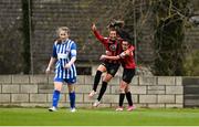 27 March 2021; Sophie Watters of Bohemians, left, celebrates with teammate Bronagh Kane after scoring her side's fourth goal during the SSE Airtricity Women's National League match between Bohemians and Treaty United at Oscar Traynor Centre in Coolock, Dublin. Photo by Piaras Ó Mídheach/Sportsfile