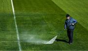 2 April 2021; A groundsman washes the Heineken Champions Cup logo from the pitch at RDS Arena in Dublin, following the announcement that the Heineken Champions Cup Round of 16 match between Leinster and RC Toulon is cancelled due to a positive COVID-19 case. Photo by Brendan Moran/Sportsfile