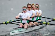 9 April 2021; Ireland rowers, from left, Emily Hegarty, Fiona Murtagh, Eimear Lambe and Aifric Keogh compete in their heat of the Women's Four during Day 1 of the European Rowing Championships 2021 at Varese in Italy. Photo by Roberto Bregani/Sportsfile